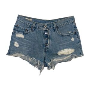 Levi's 501 Women Jean Distressed Premium Big E Shorts sz 28 W Button Fly Denim